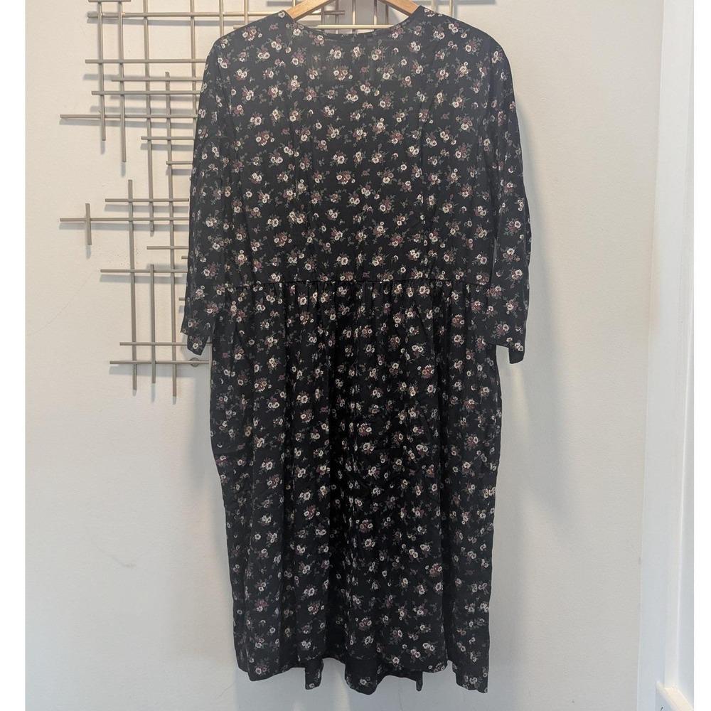 Vtg 90s Dress Black Floral Smocked Bodice Md Cottagecore Prairie Boho Romantic - Picture 2 of 10